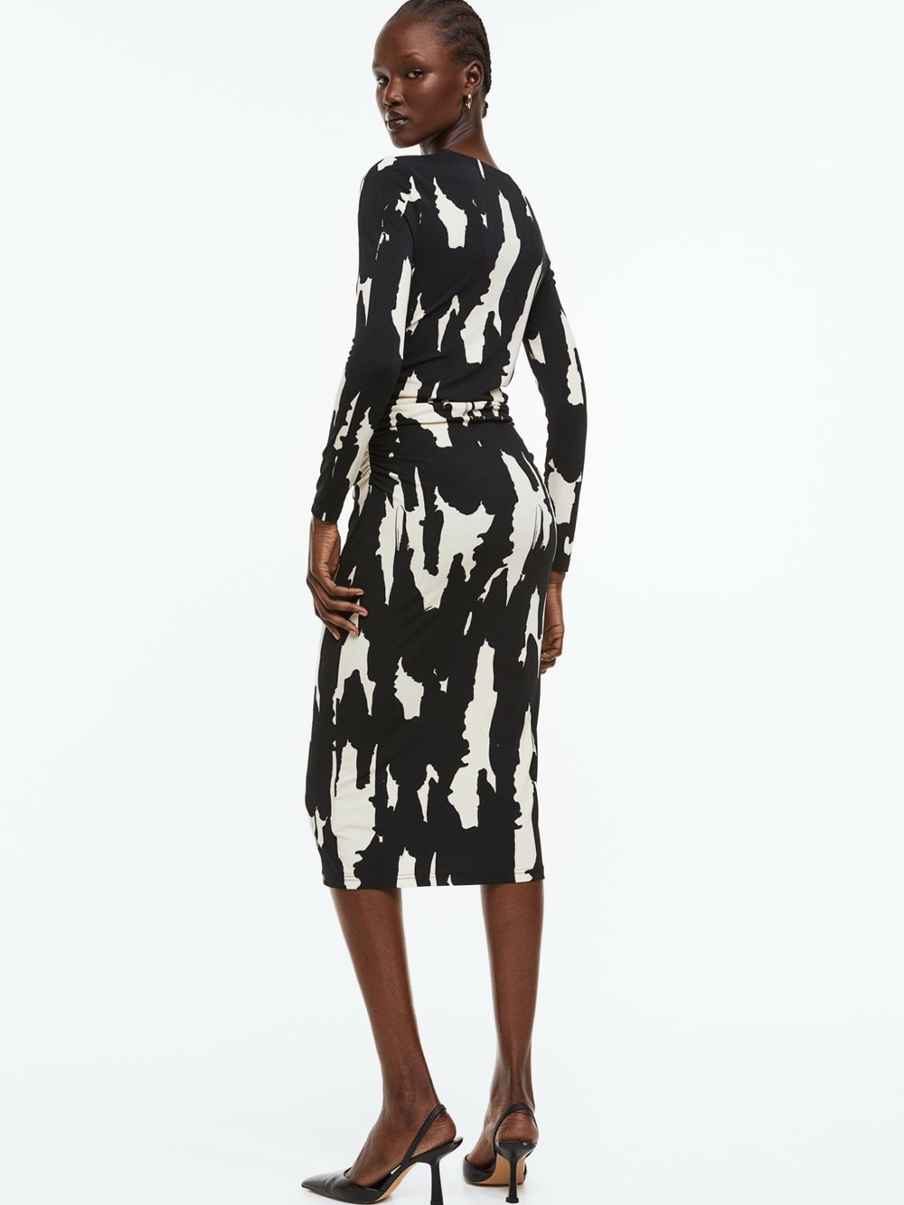 H&M Women’s Black and Ivory Abstract Midi Bodycon Dress Modern Chic | Size M